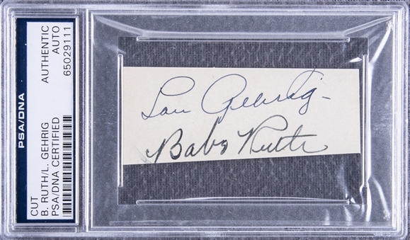 Babe Ruth & Lou Gehrig Dual Signed Cut (PSA/DNA & Beckett GEM MT 10 & MINT 9 Signatures)